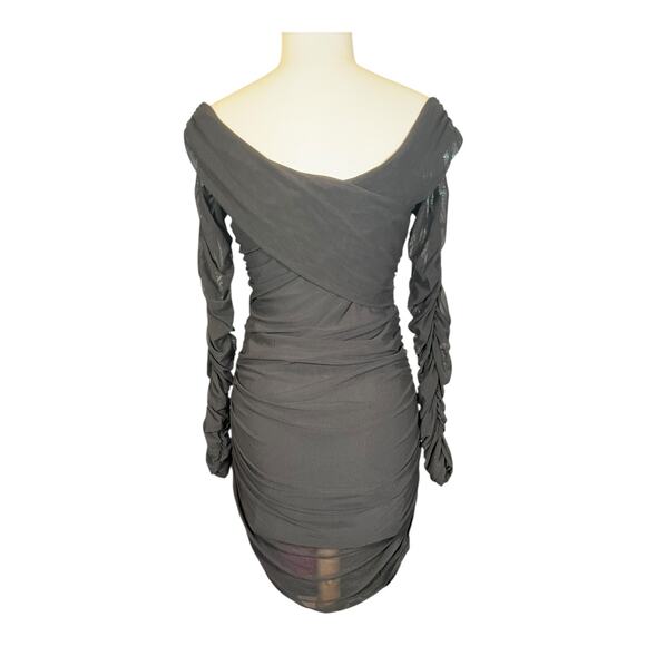 Stella Luce Bodycon Black Ruched Off the Shoulder Mini Dress Sheer Sleeves Large - Picture 2 of 11